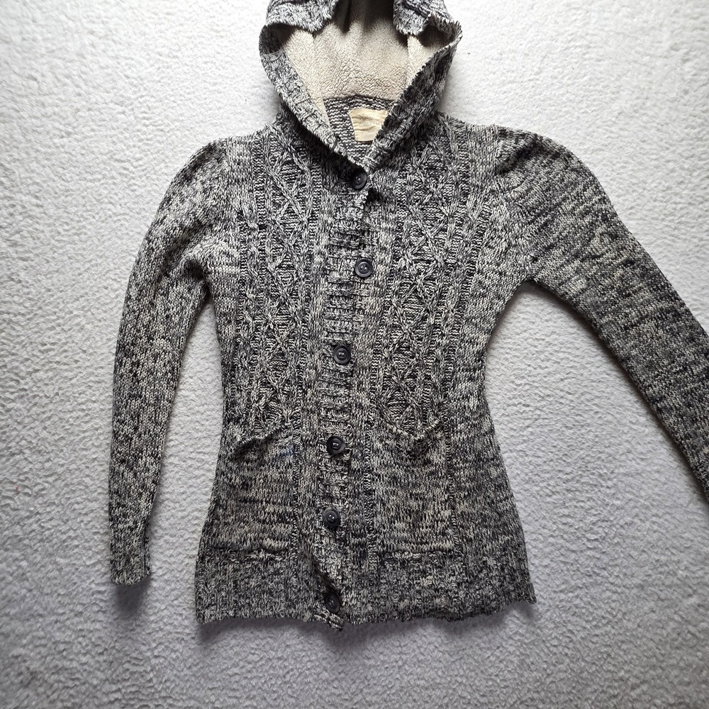 Ashley Cardigan Sweater Womens Small Gray Hooded Sherpa Lined Button Front Knit